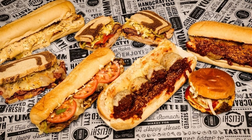 An overhead shot of various sandwiches, including subs, a burger, and a Reuben, on branded paper.